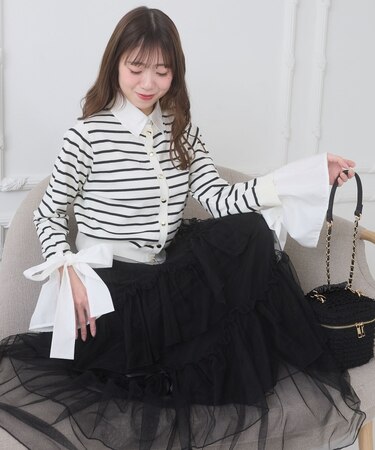 リボンスリーブシャツ襟カーデ