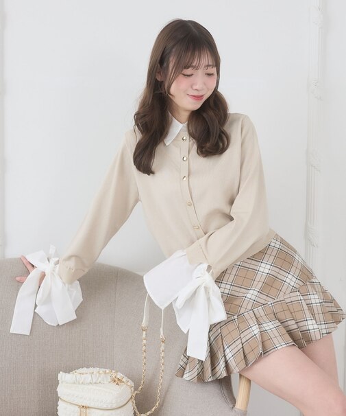 リボンスリーブシャツ襟カーデ