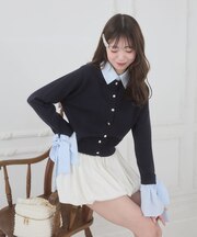 リボンスリーブシャツ襟カーデ