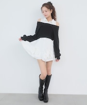 ニット×リボンシャツミニワンピ