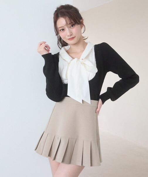 シャツレイヤードライクボウタイニット