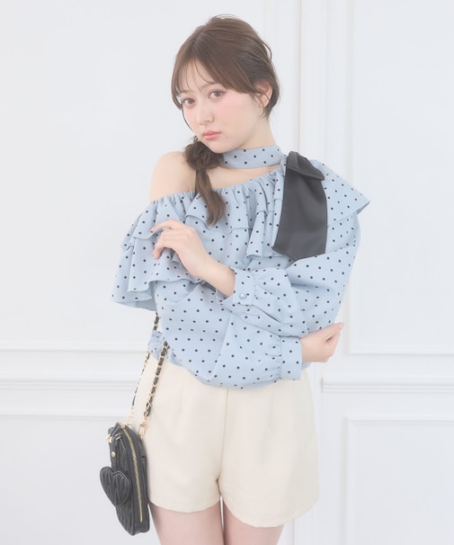 ワンショルフリルリボンブラウス