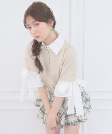 袖リボンシャツレイヤードライクカーデ