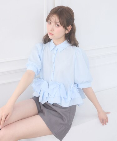 リボンフリルペプラム半袖ブラウス