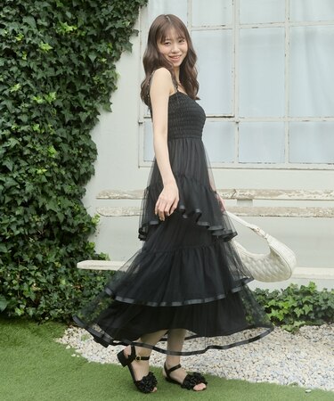 チェーン付きチュールティアードワンピ
