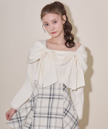 キラキラダブルリボンオフショルニット