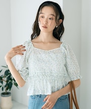 フラワー刺繍フリルヘムブラウス