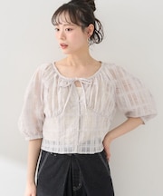 シアーチェックパフスリーブブラウス