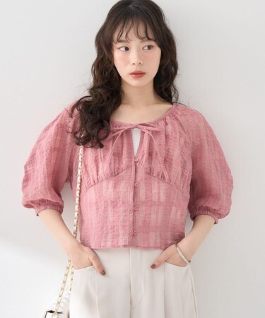 シアーチェックパフスリーブブラウス