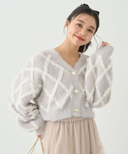 anuke シャーリング ショートニット シャギーダイヤ柄ショートニットカーディガン｜アース