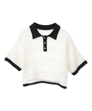 キラキラボタン透かしニットポロ