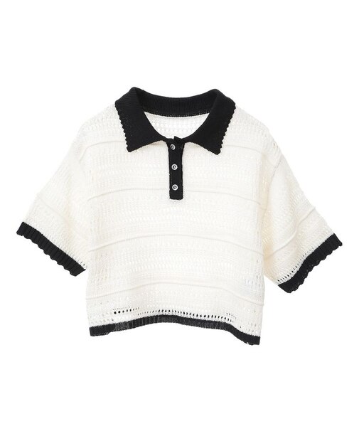 キラキラボタン透かしニットポロ