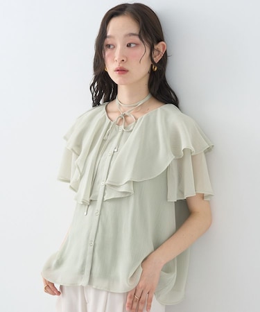 チョーカー付き楊柳ラッフルブラウス