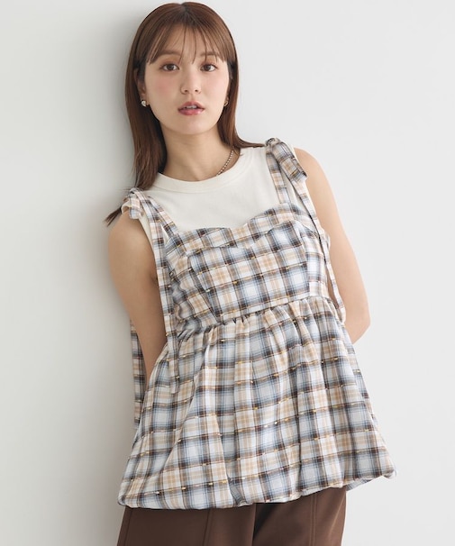 チェックパターンバルーンキャミビスチェ