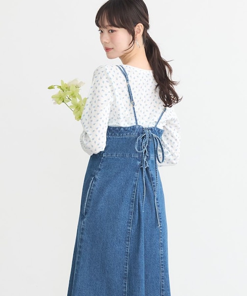 バックレースアップデニムキャミワンピース