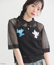スティッチ/刺繍ハートボタンニットポロシャツ