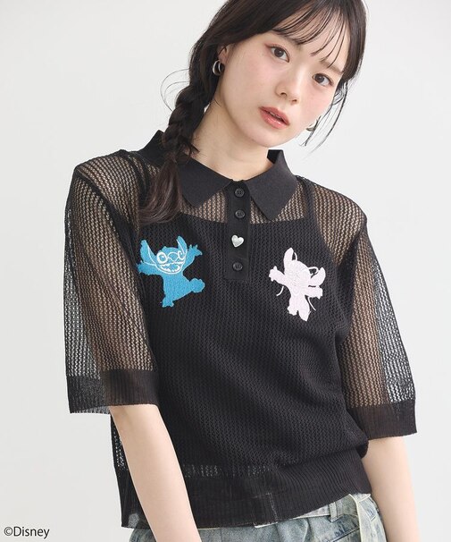 スティッチ/刺繍ハートボタンニットポロシャツ