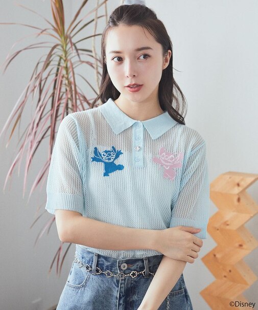 スティッチ/刺繍ハートボタンニットポロシャツ