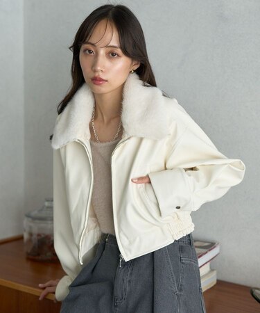 襟ファーレザーブルゾン