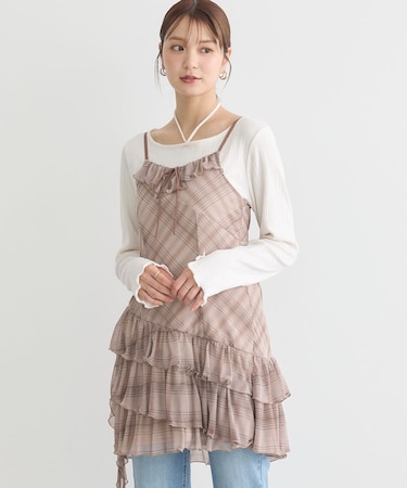 フロントリボンチェックミニキャミワンピース