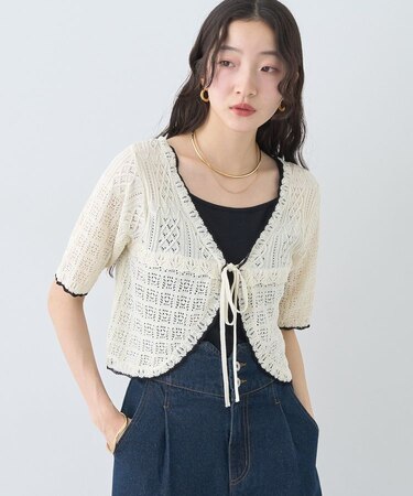 ミニスカラップ透かし編みニットカーディガン