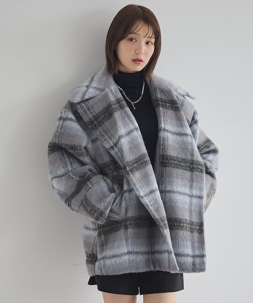 チェックシャギーコート