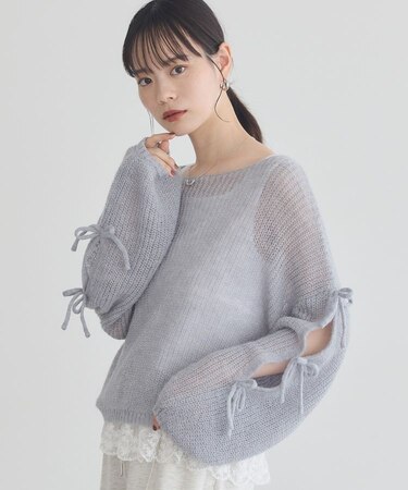サイドリボン透かしニットプルオーバー