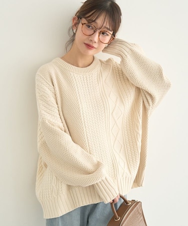 アンチピリングC/Aパッチワークケーブルニット