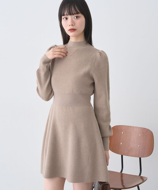 ウエストリブフレアニットミニワンピース