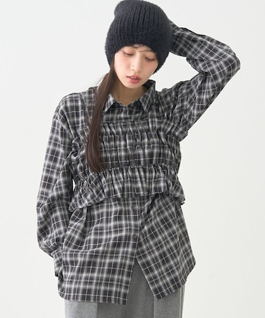 SET2点チェック柄シャーリングビスチェ＋シャツ