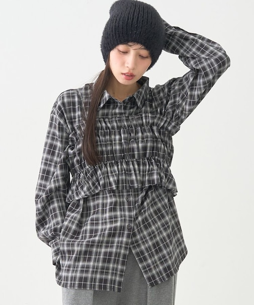 SET2点チェック柄シャーリングビスチェ＋シャツ