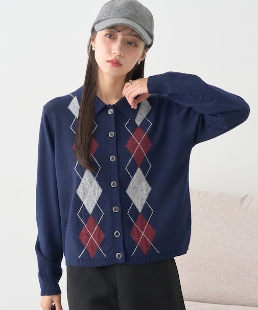 襟付きアーガイルニットカーディガン