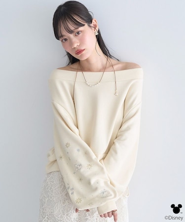 Disney/キラキラモチーフ刺繍オフショルスウェット