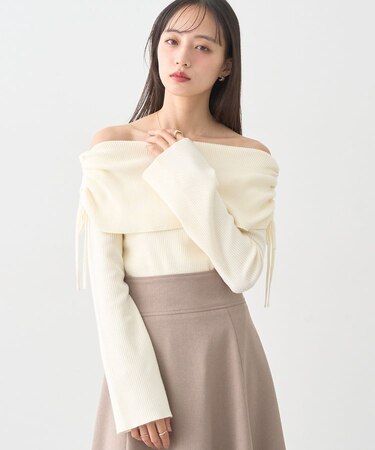 リボンギャザーオフショルニットプルオーバー