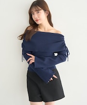 リボンギャザーオフショルニットプルオーバー