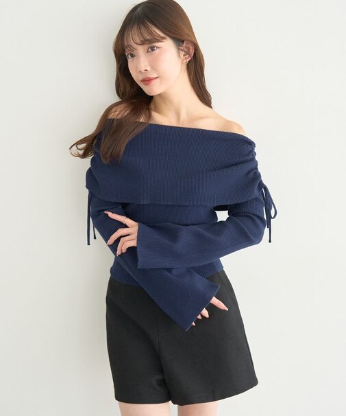 リボンギャザーオフショルニットプルオーバー