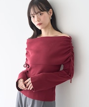 リボンギャザーオフショルニットプルオーバー