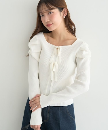 レイヤード風ギャザーショルダーリブニット