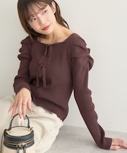 レイヤード風ギャザーショルダーリブニット