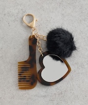 ファーポンポン+べっ甲柄ミラー付きチャーム