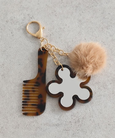 ファーポンポン+べっ甲柄ミラー付きチャーム