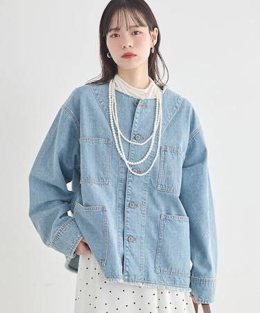 デニムノーカラーカバーオール