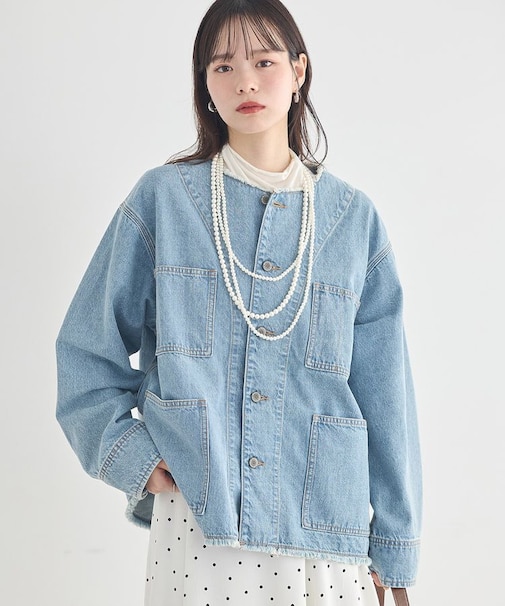 デニムノーカラーカバーオール