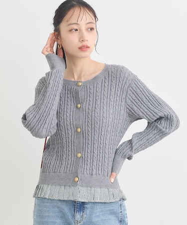 プリーツレイヤーケーブルニットカーディガン