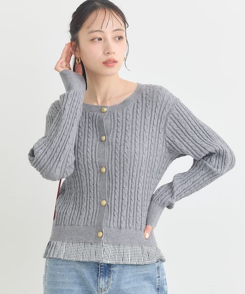 プリーツレイヤーケーブルニットカーディガン