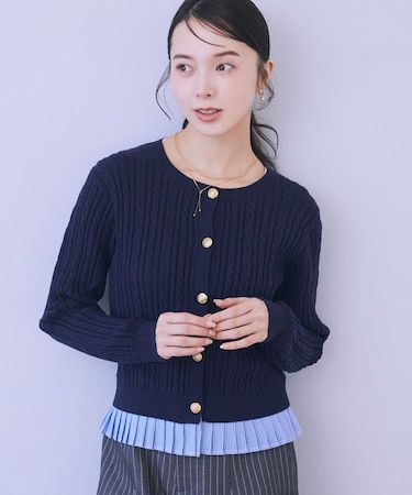 プリーツレイヤーケーブルニットカーディガン