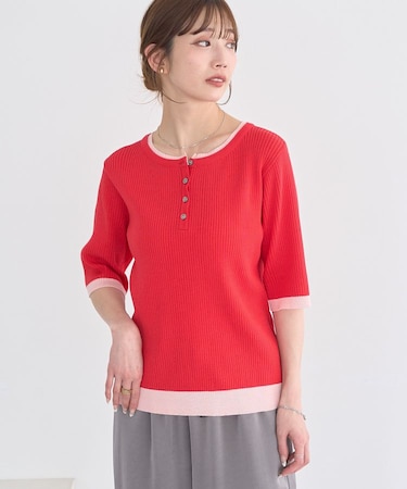 ヘンリーネック半袖ニットプルオーバー