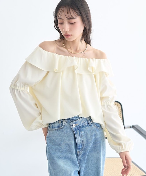 2wayオフショルバルーンヘムフリルブラウス