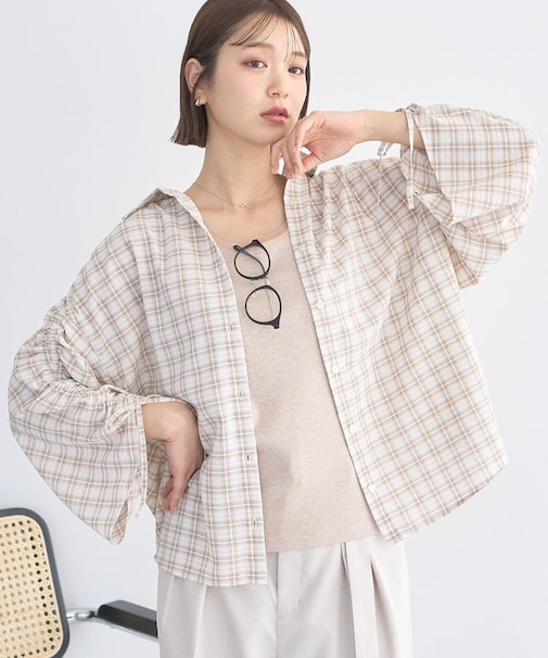 シャーリングスリーブチェックシャツ