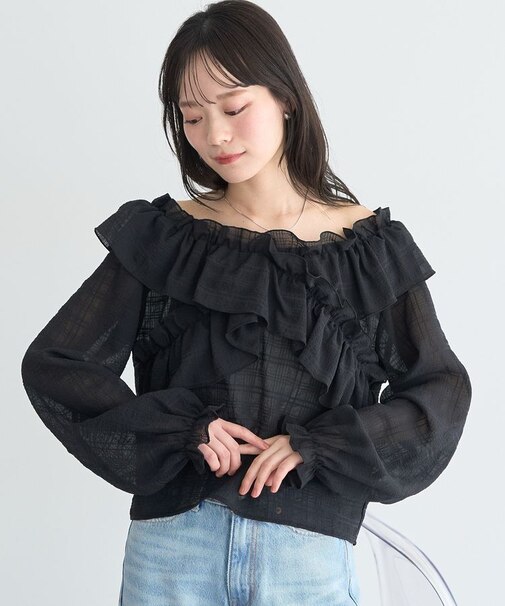 シアーチェック2wayオフショルブラウス